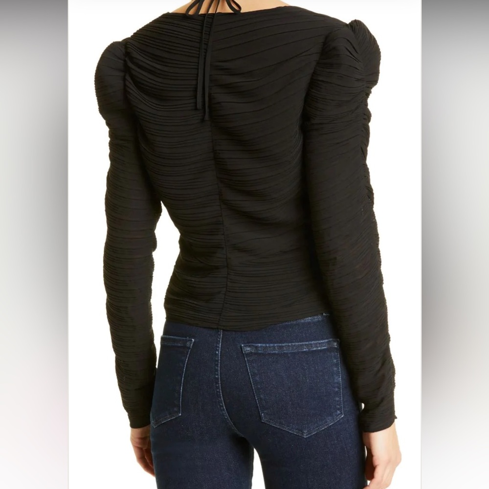 Frame Gathered Ruched Keyhole Tie Neck Puff Long Sleeve Top - Picture 6 of 15